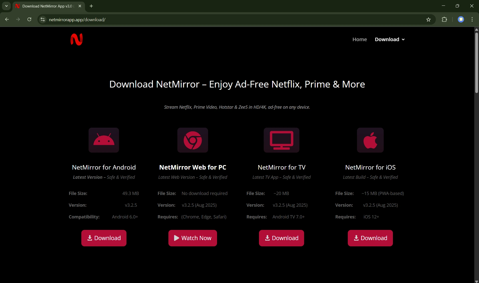 NetMirror PC homepage with OTT streaming options in browser