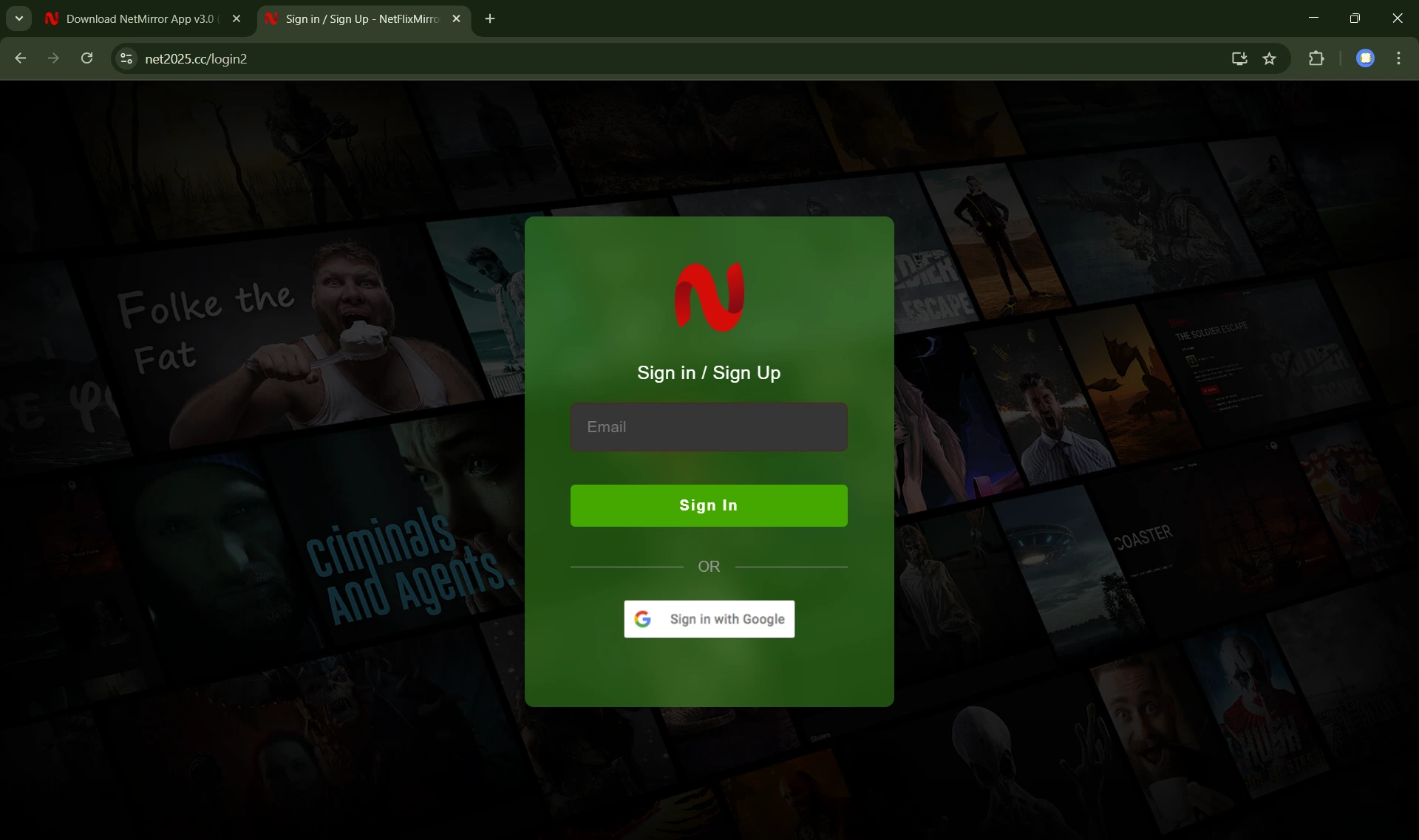 NetMirror PC login and sign up screen
