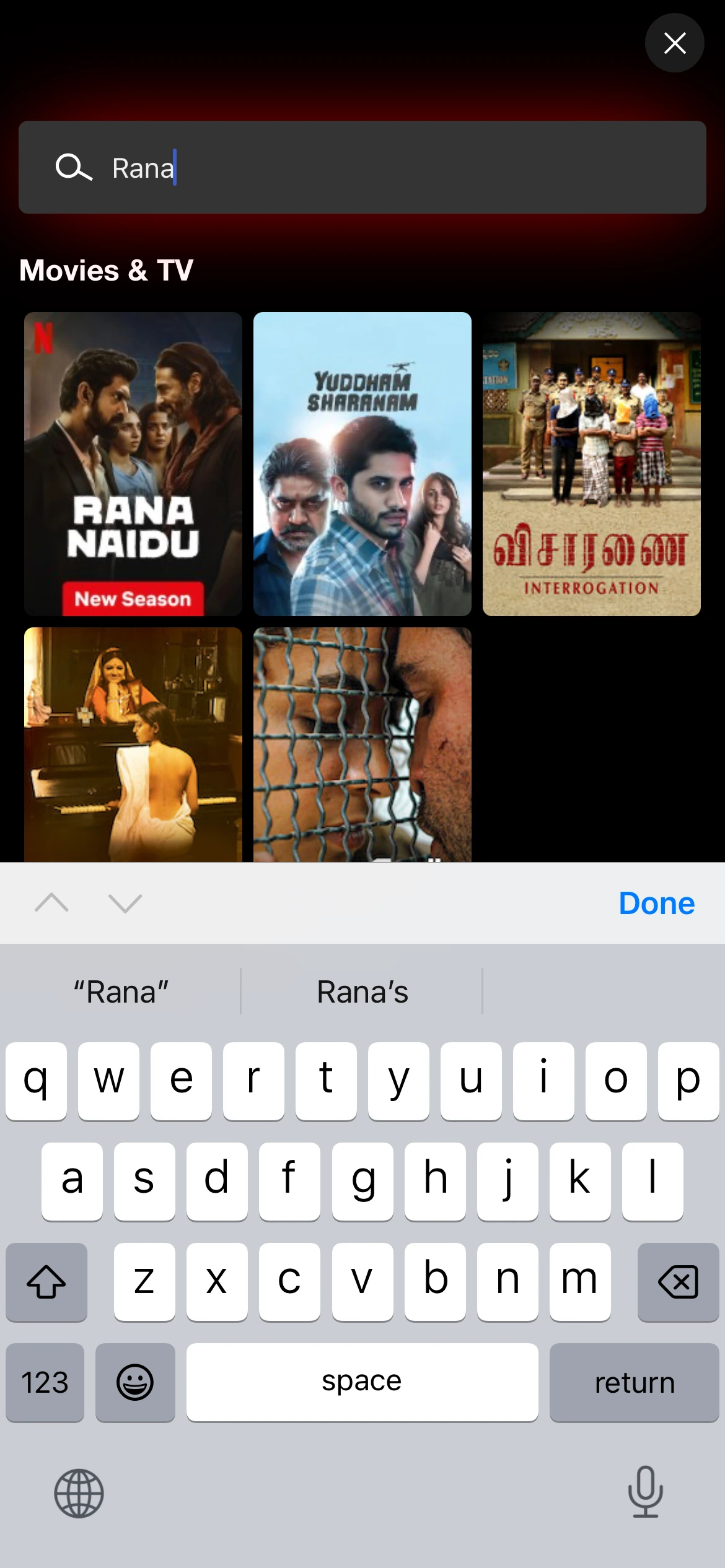 NetMirror search screen showing Netflix titles including Rana Naidu and Yuddham Sharanam