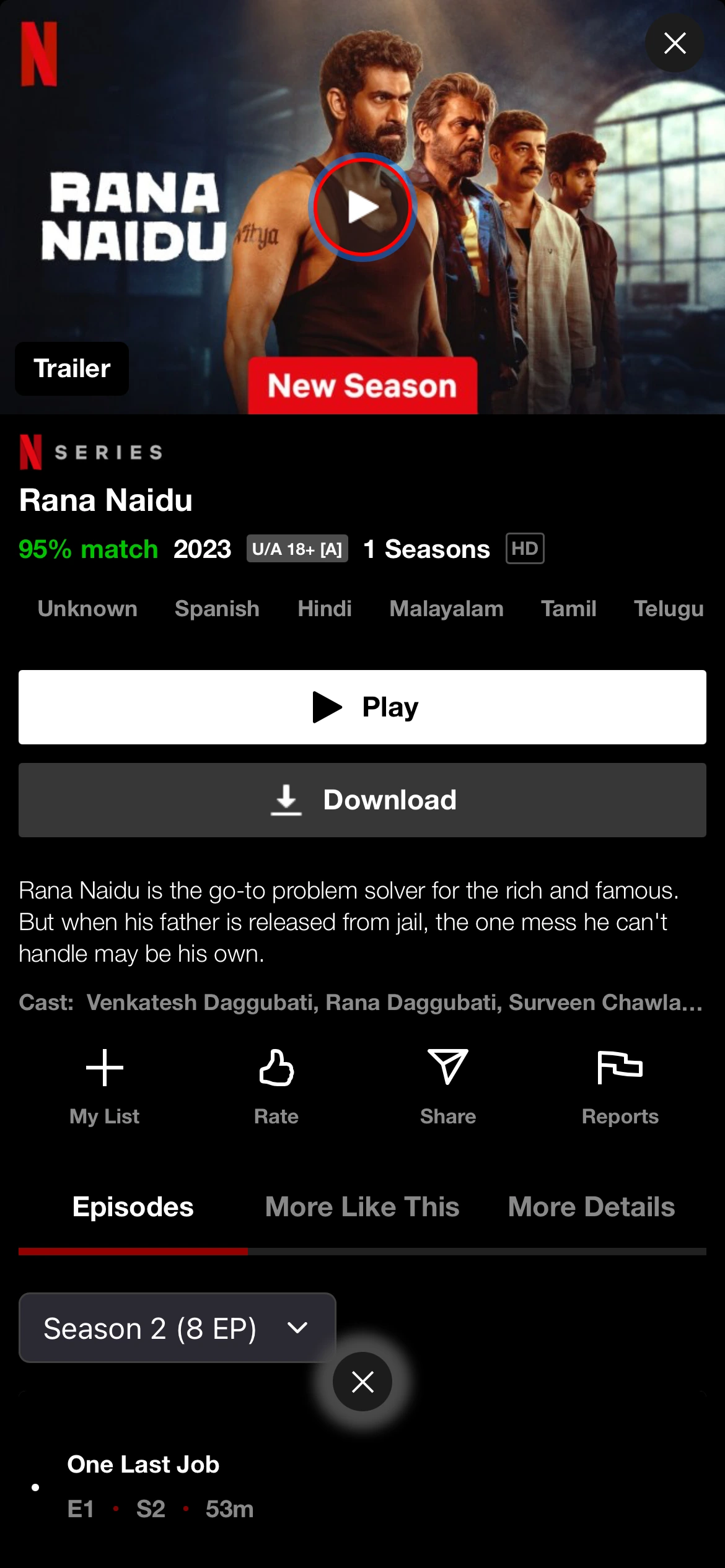 NetMirror app interface showing Netflix series Rana Naidu with play and download options